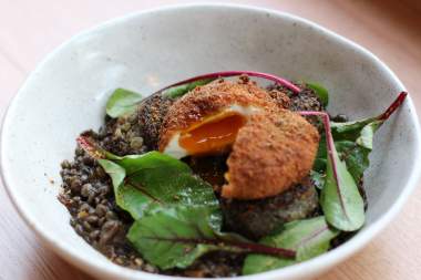 Lentils eggs breadcrumbs dish